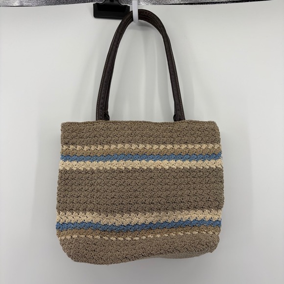 Handbags - Crocheted Striped Tote Bag Brown Tan Blue Faux Leather‎ Handles